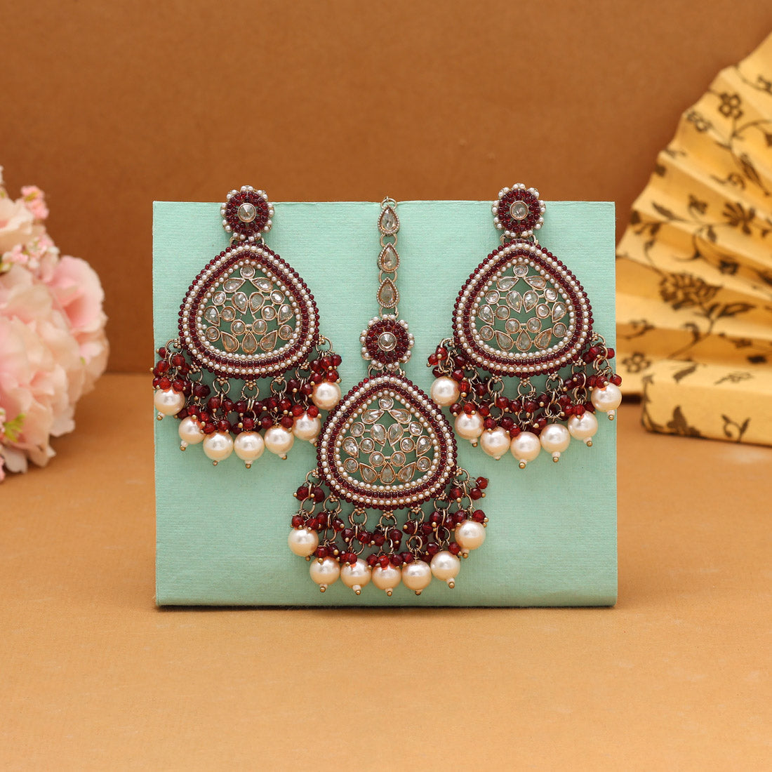 Maroon Color Pakistani Kundan Earrings With Maang Tikka (KDTE593MRN)