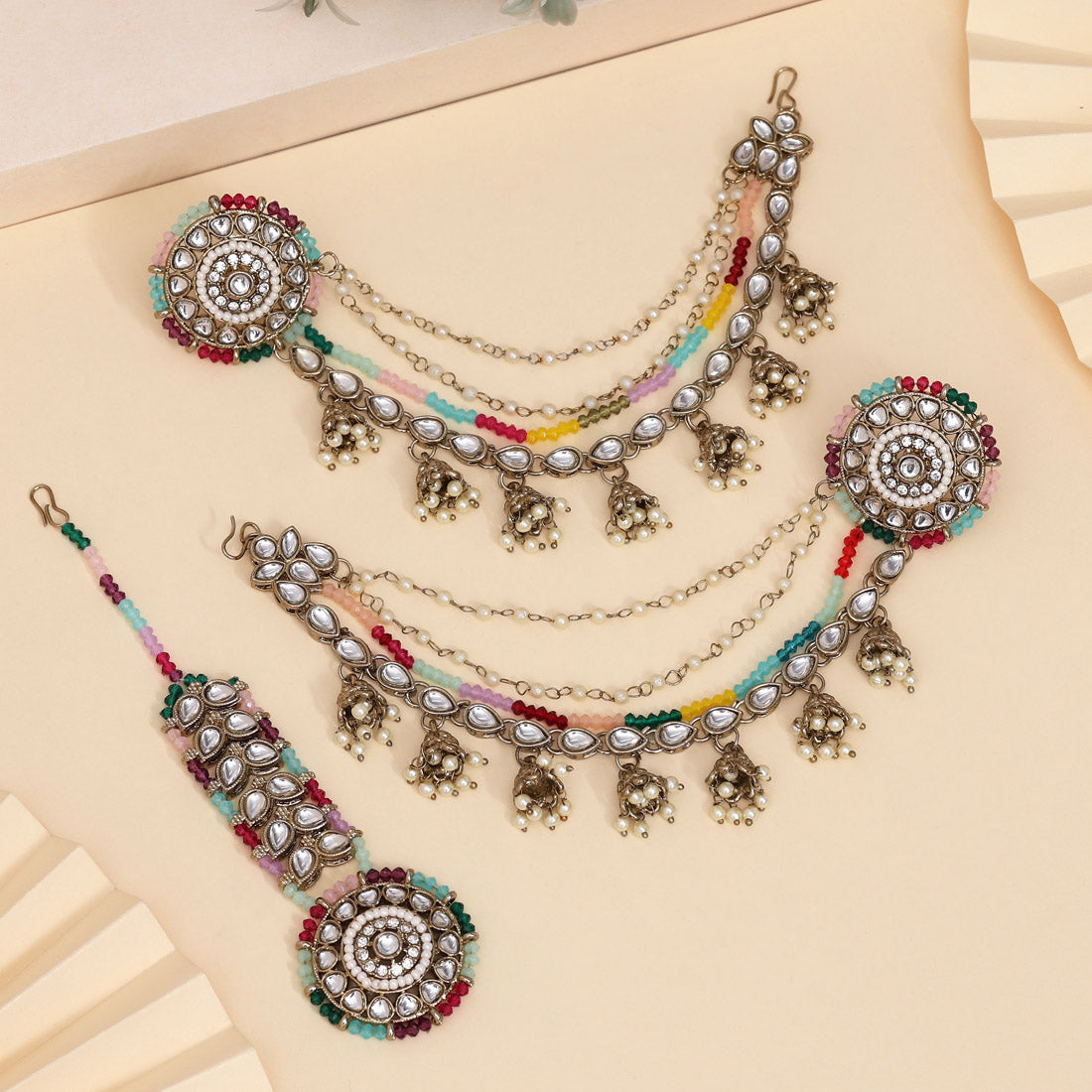 Festive Multi Color Kundan Earrings With Maang Tikka