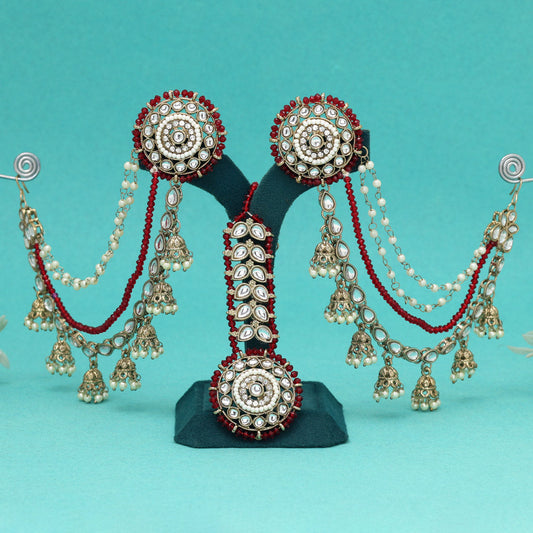 Deep Maroon Color Kundan Earrings With Maang Tikka