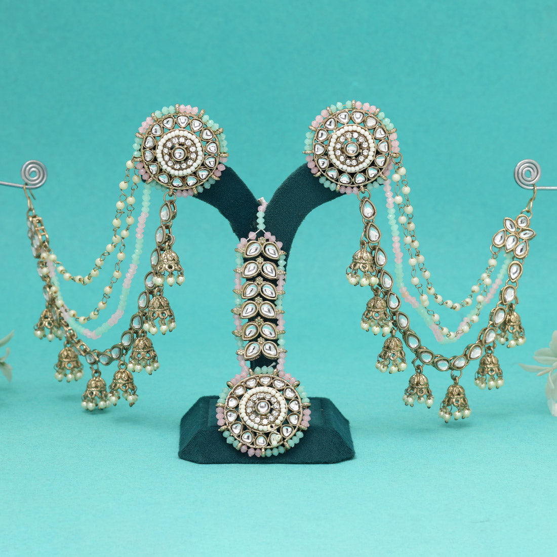 Blush & Mint Pista Green Color Kundan Earrings With Maang Tikka