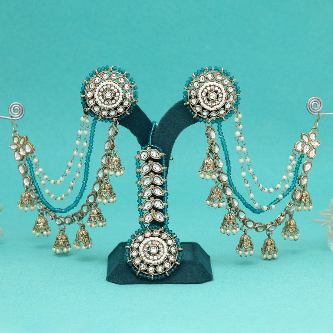 Cool Turquoise Blue Color Kundan Earrings With Maang Tikka