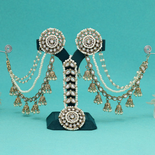 Pure White Color Kundan Earrings With Maang Tikka
