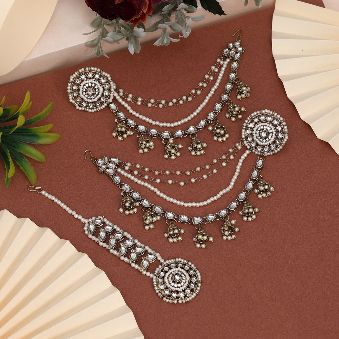 Pure White Color Kundan Earrings With Maang Tikka