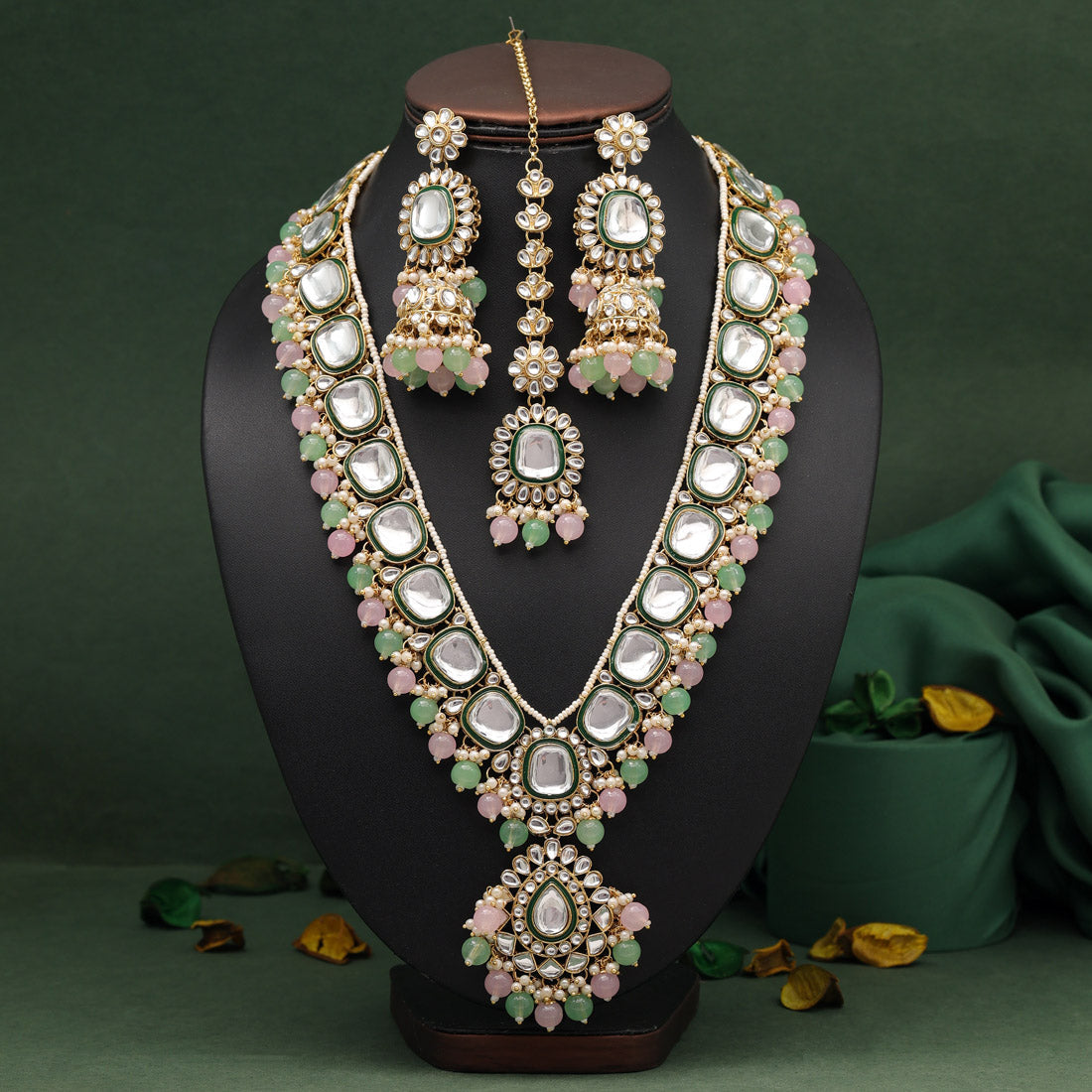 Pink & Parrot Green Color Long Kundan Necklace Set (KN1344PNKPGRN)
