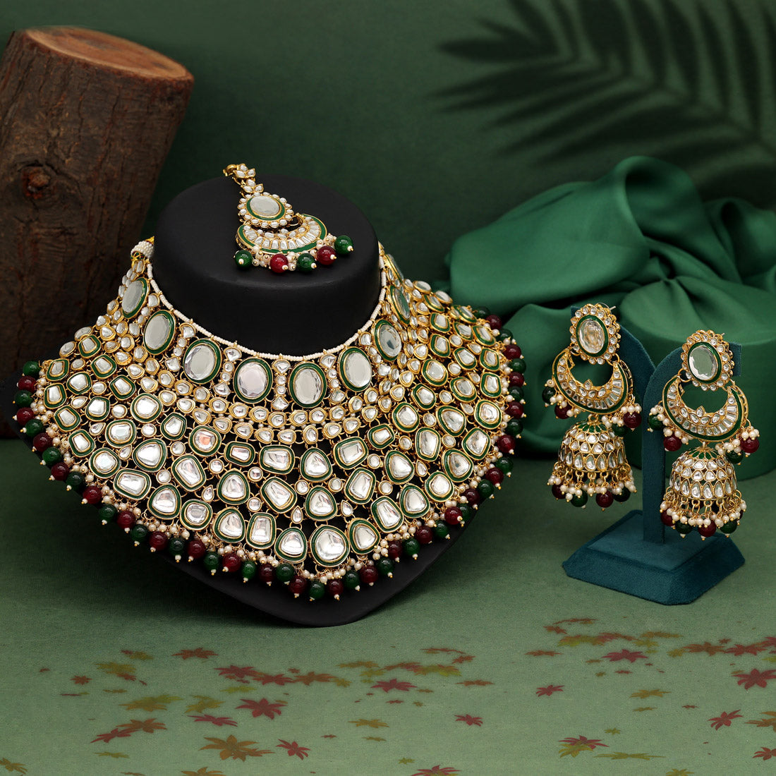 Maroon & Green Color Kundan Necklace Set (KN1345MG)