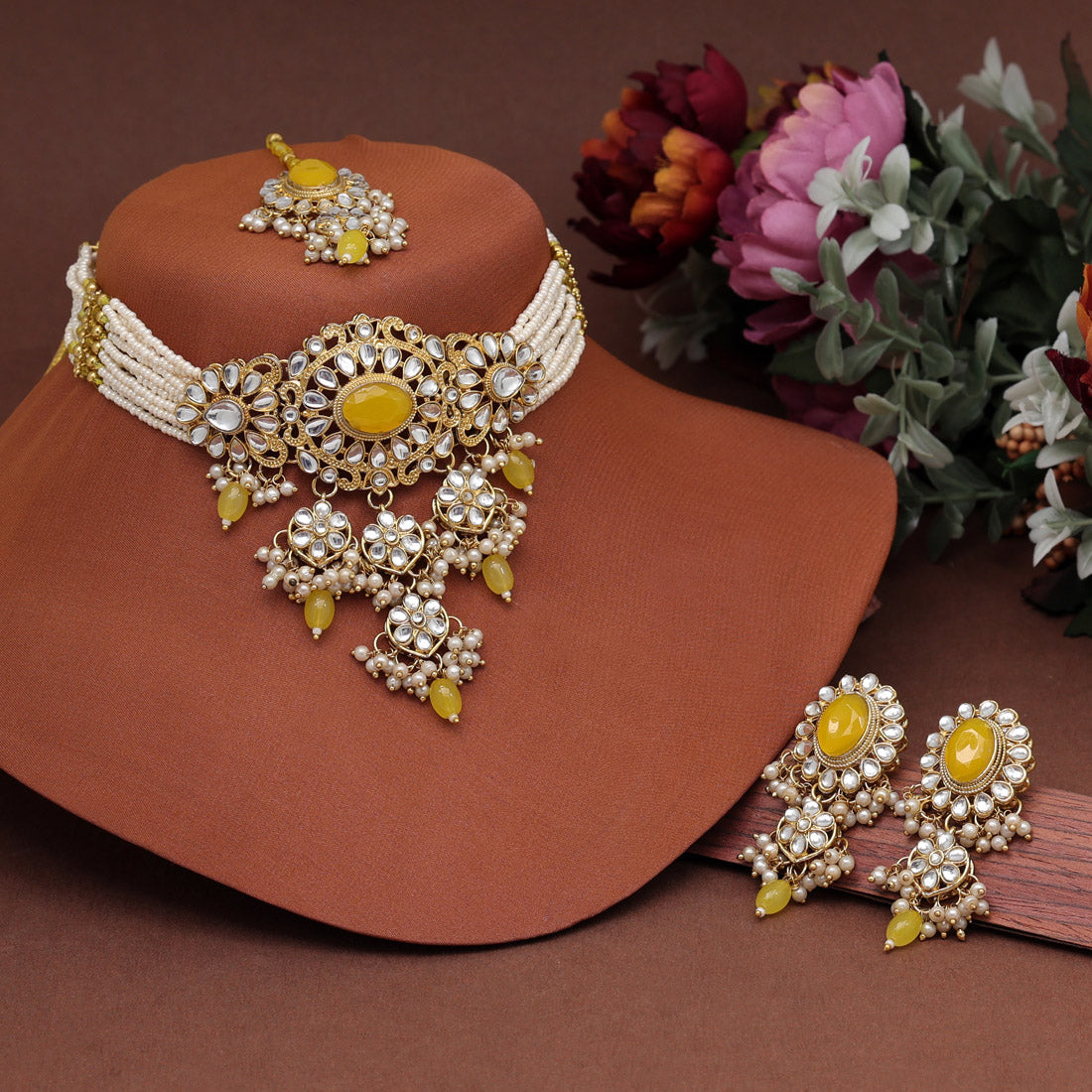 Yellow Color Choker Kundan Necklace Set (KN1356YLW)