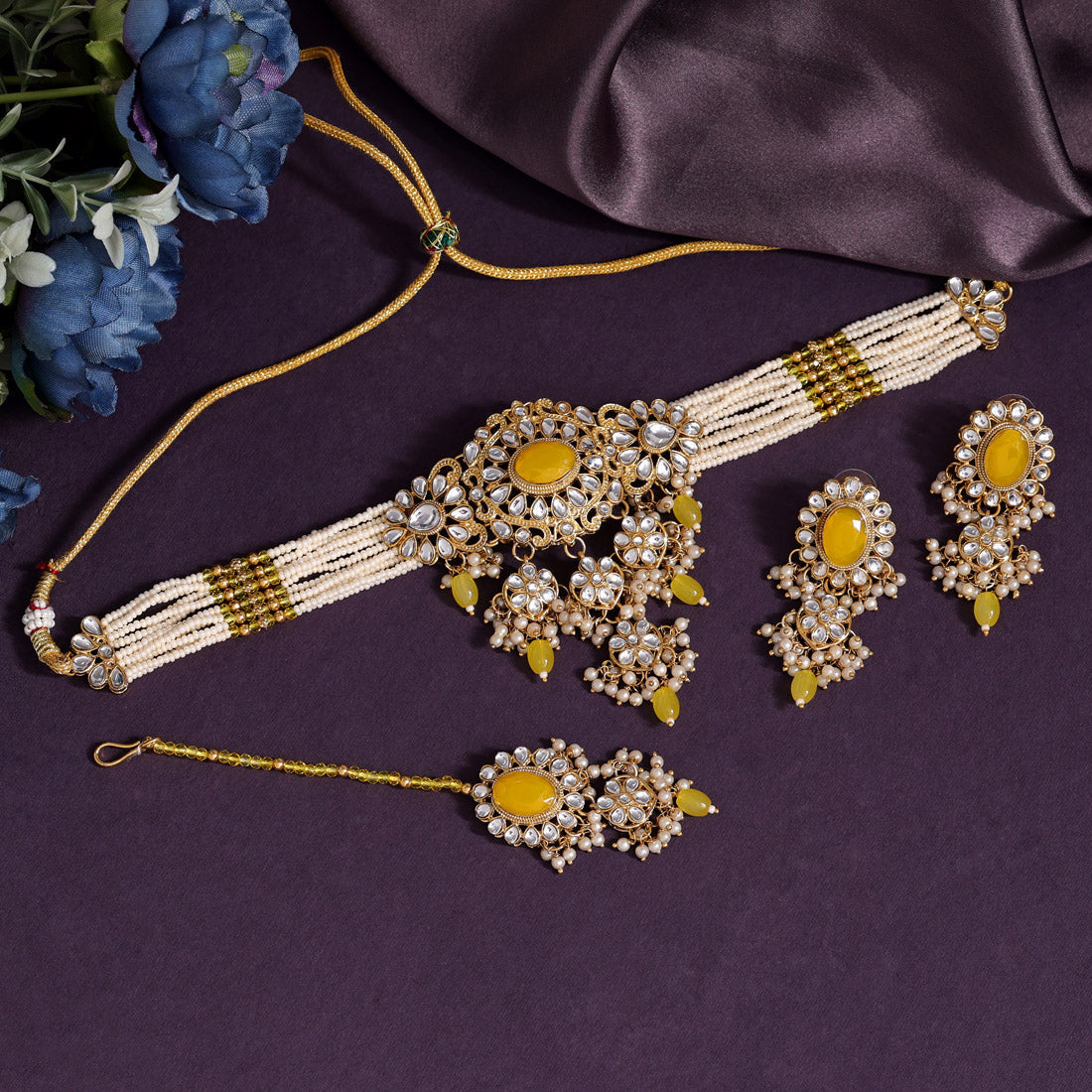 Yellow Color Choker Kundan Necklace Set (KN1356YLW)