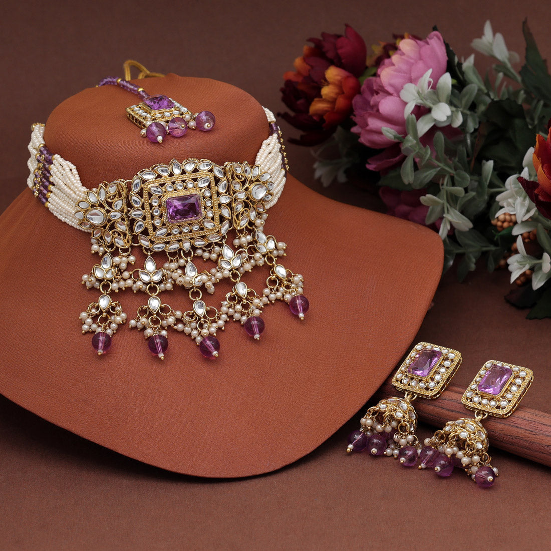 Light Purple Color Choker Kundan Necklace Set (KN1357LPRP)