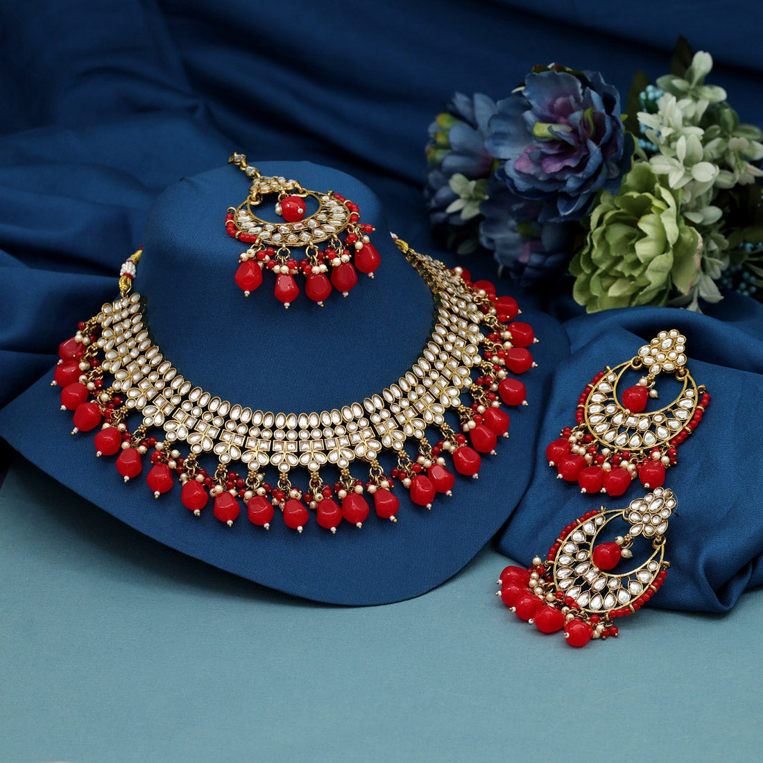 Red Color Kundan Necklace Set (KN1388RED)