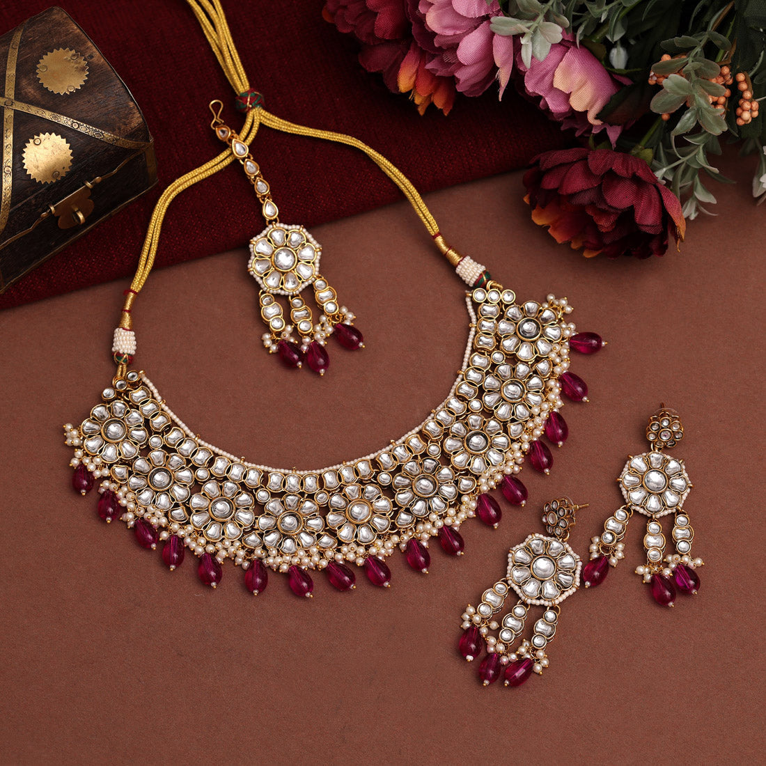 Rani Color Kundan Necklace Set (KN1390RNI)