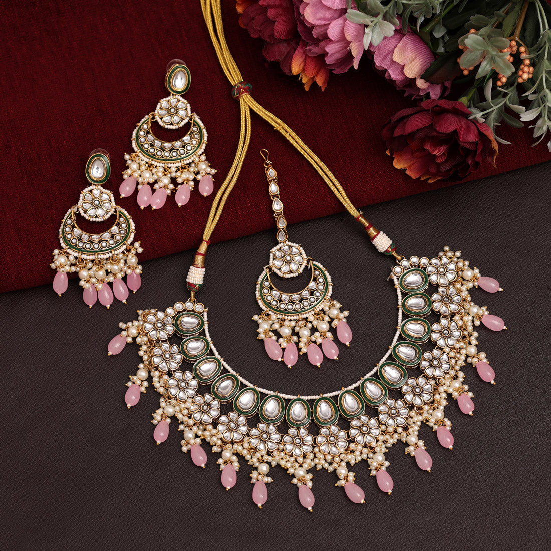 Pink Color Meena Work Kundan Necklace Set (KN1391PNK)