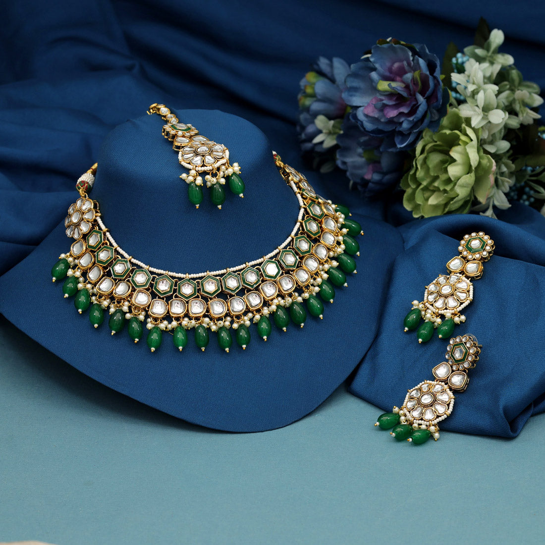 Green Color Meena Work Kundan Necklace Set (KN1392GRN)