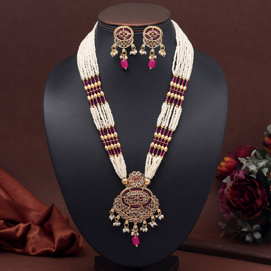Rani Color Long Kundan Necklace Set (KN1404RNI)