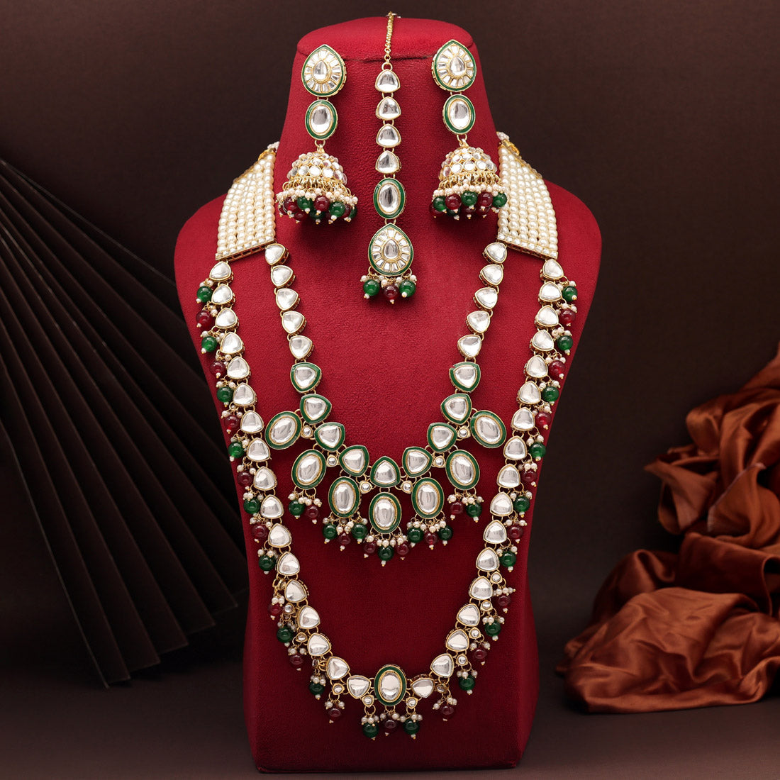 Maroon & Green Color Kundan Necklace Set (KN1414MG)
