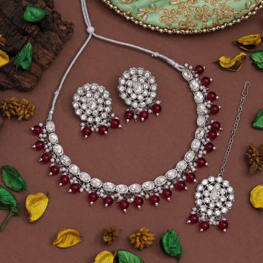 Rani Color Kundan Necklace Set (KN1418RNI)