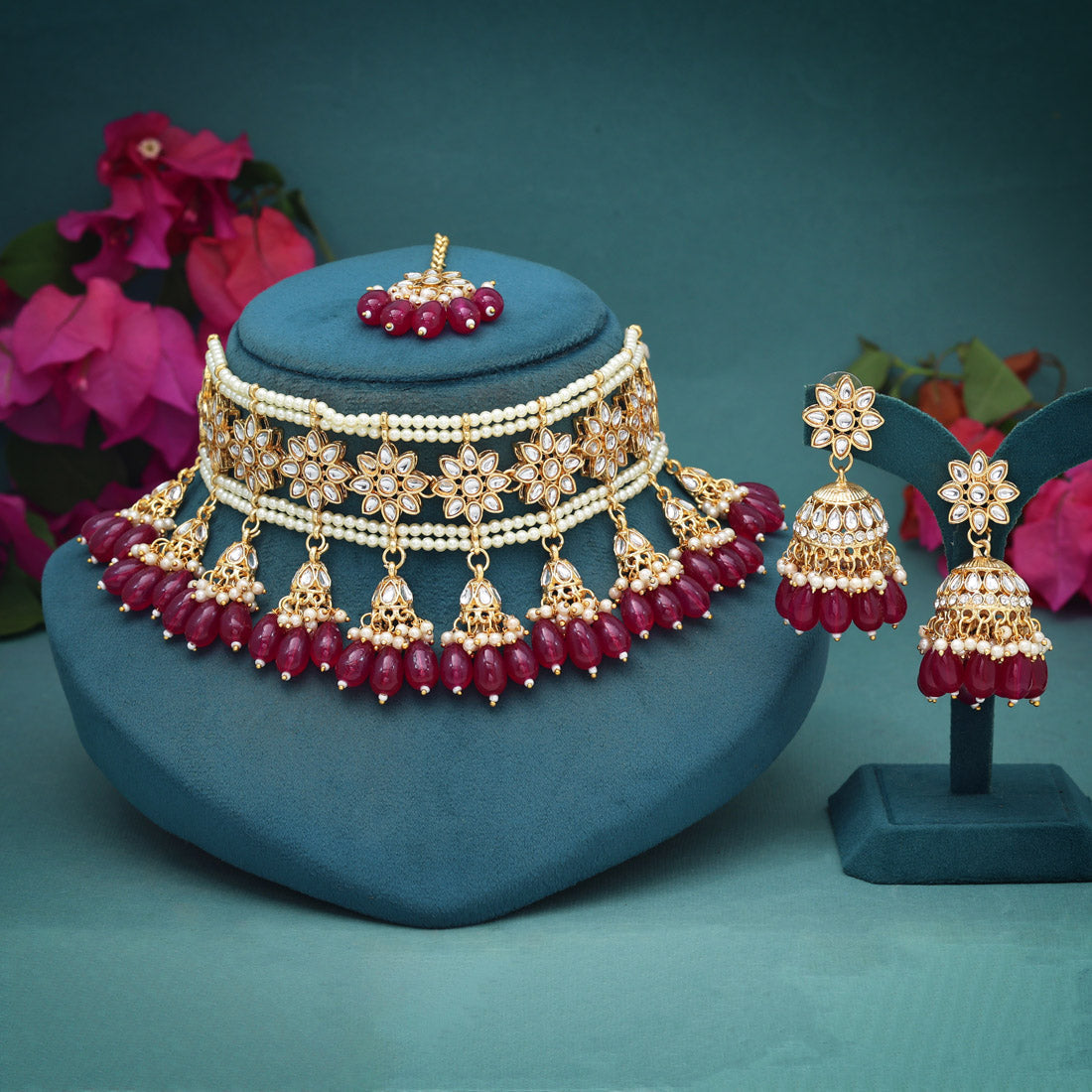 Rani Color Choker Kundan Necklace Set (KN1422RNI)
