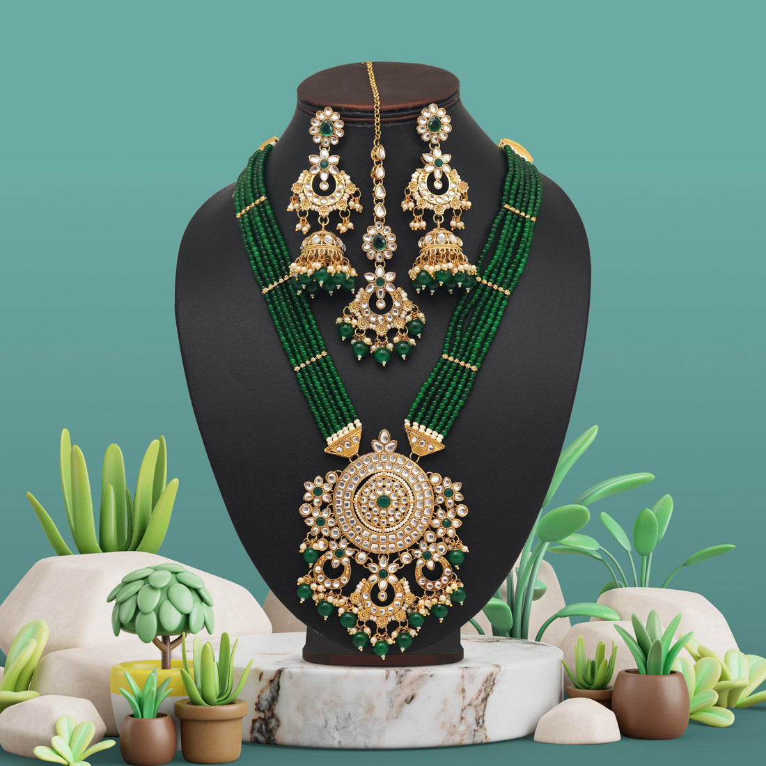 Green Color Long Kundan Necklace Set (KN1425GRN)