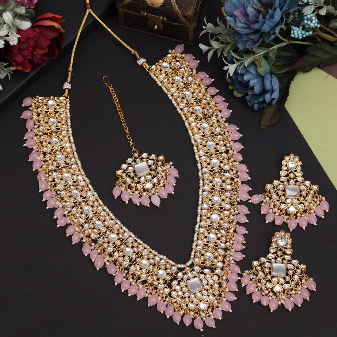 Pink Color Long Kundan Necklace Set (KN1435PNK)