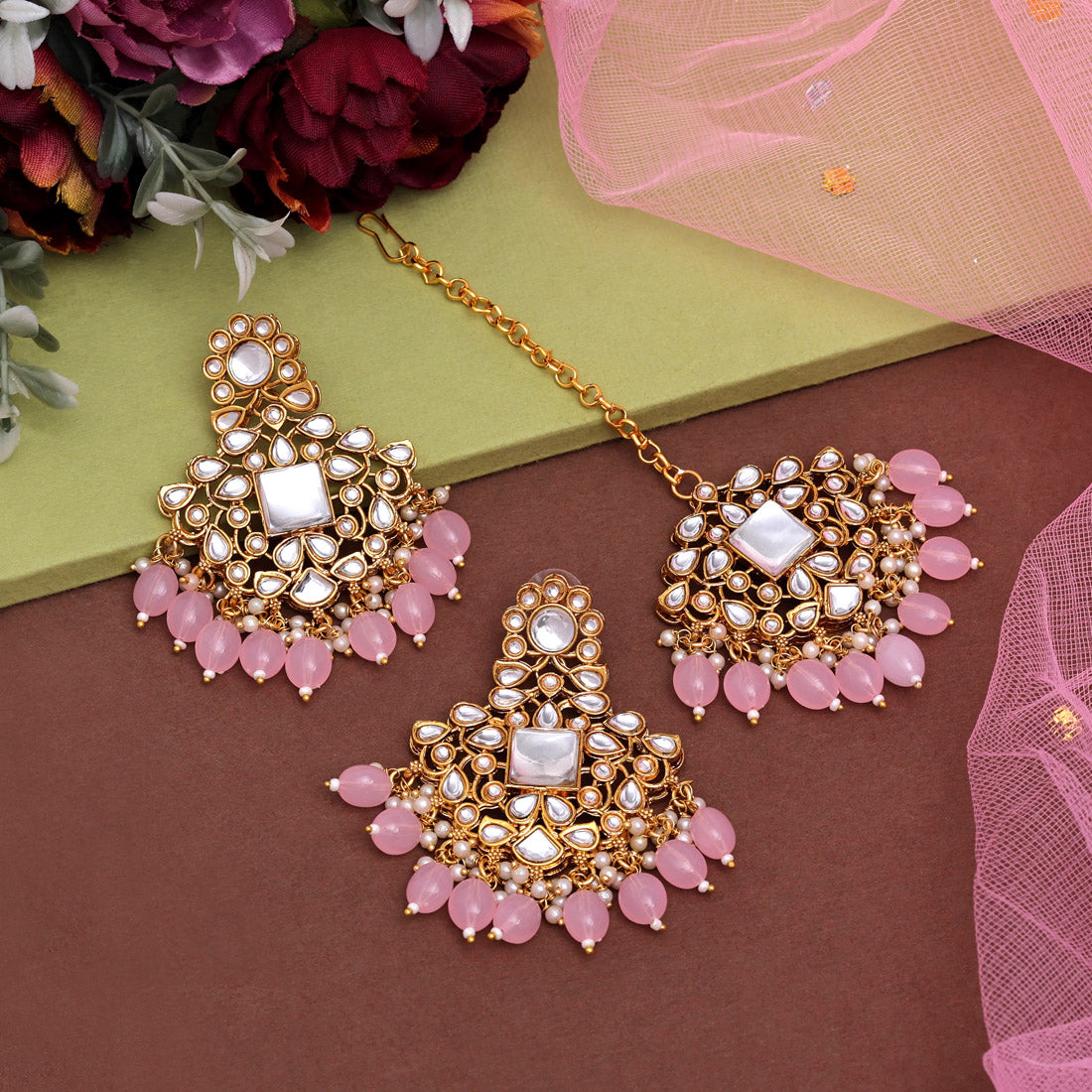 Pink Color Long Kundan Necklace Set (KN1435PNK)