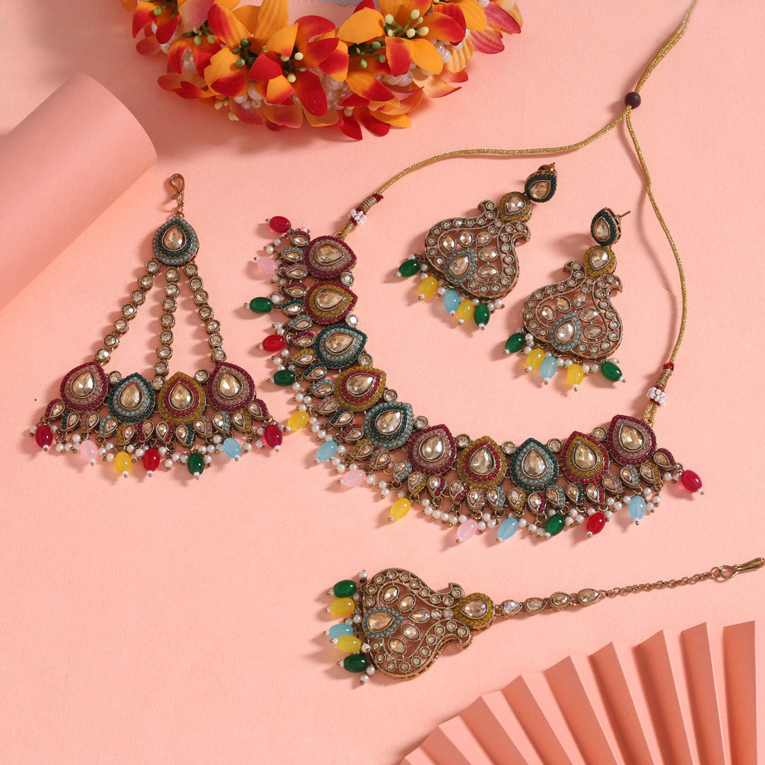 Multi Color Pakistani Kundan Necklace Set (KN1447MLT)