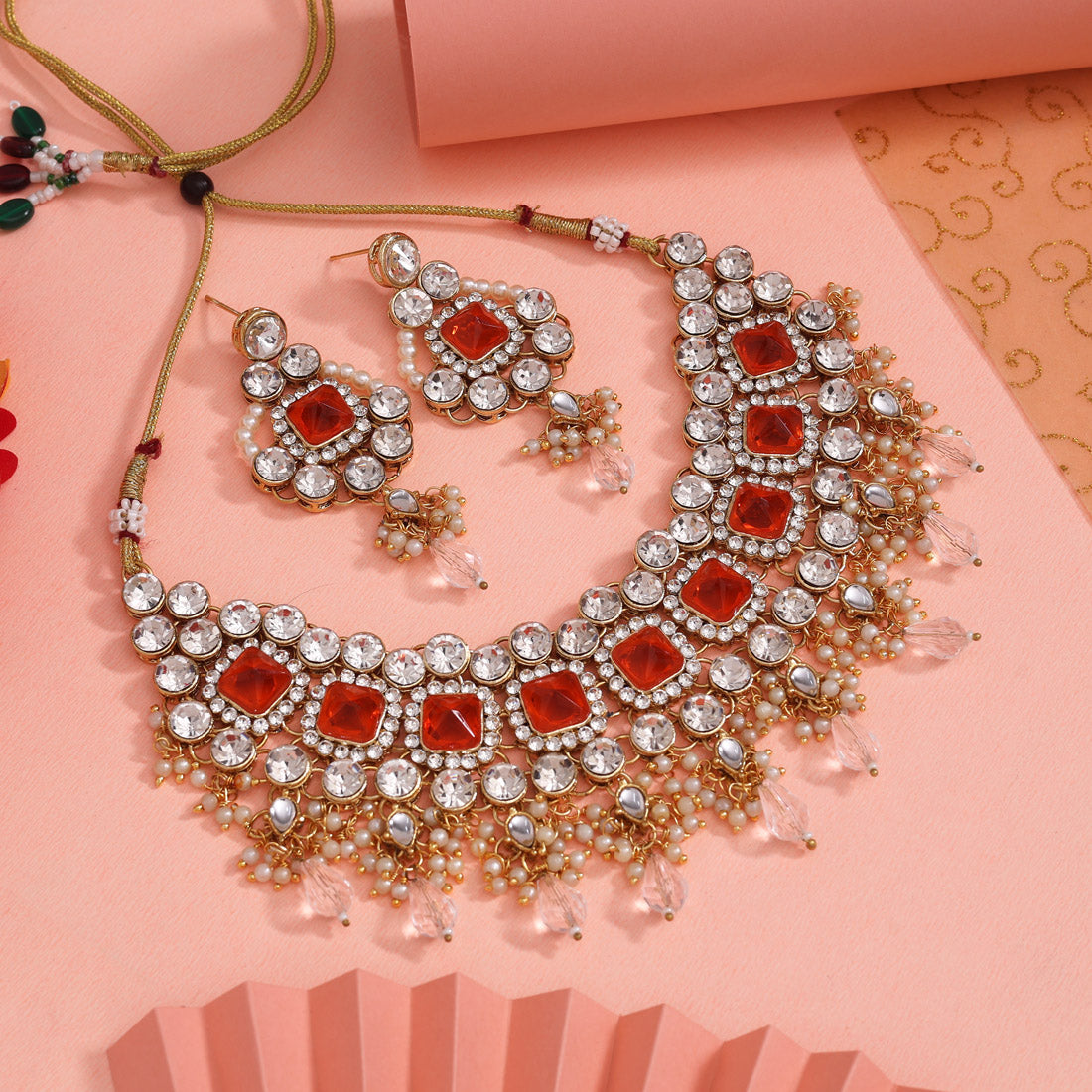 Orange Color Kundan Necklace Set (KN1450ORG)
