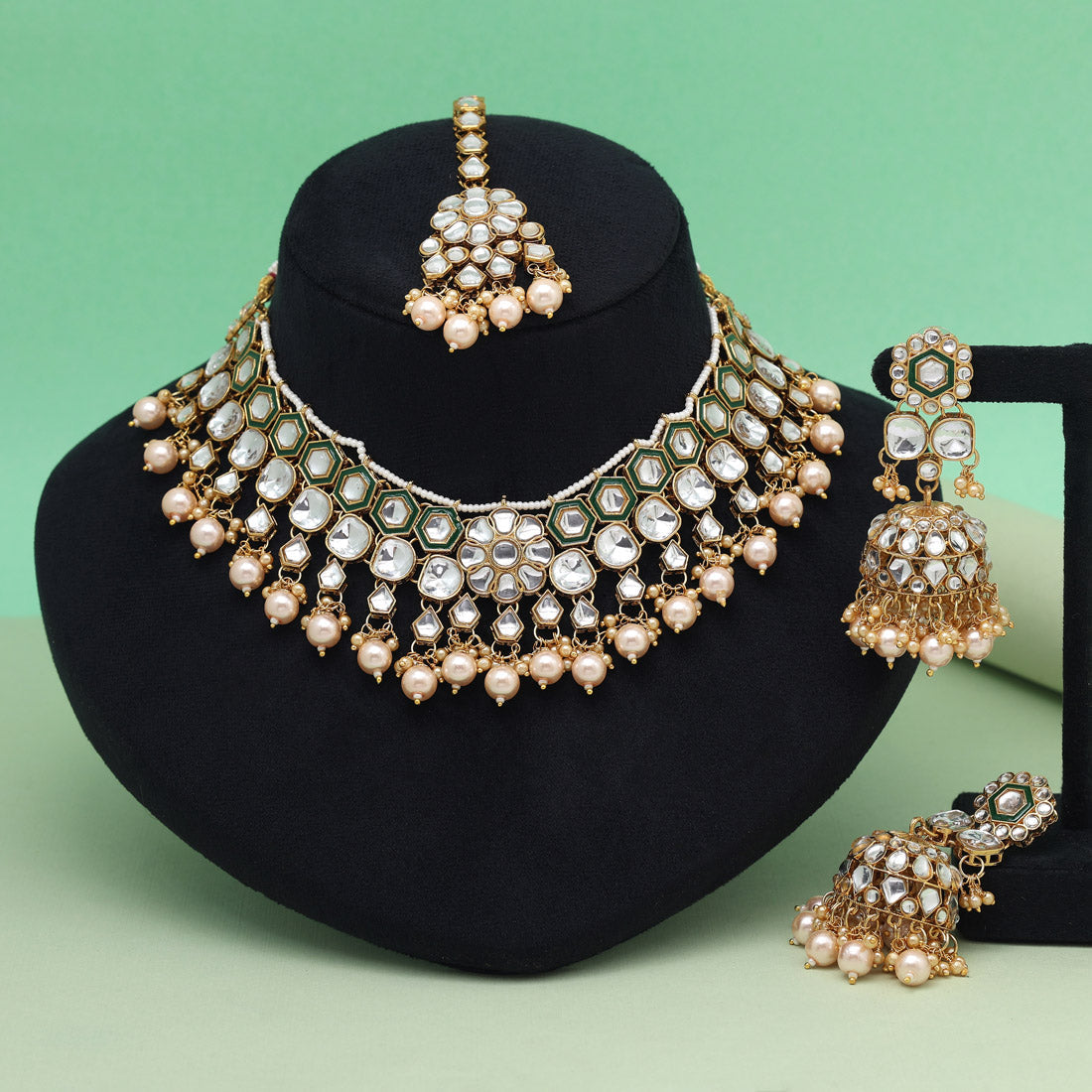 White Color Graceful Meena Work Kundan Necklace Set