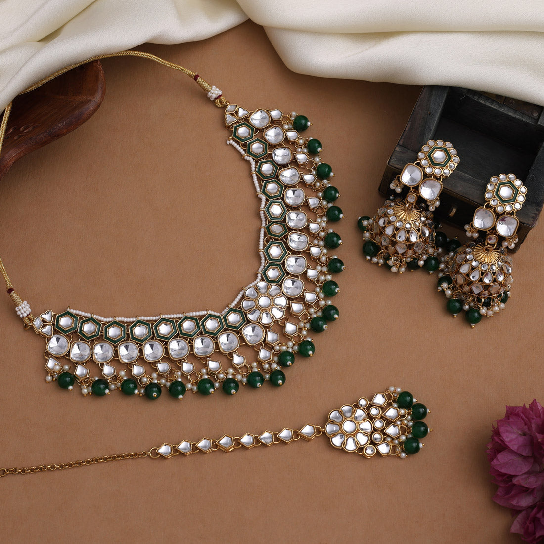 White Color Graceful Meena Work Kundan Necklace Set