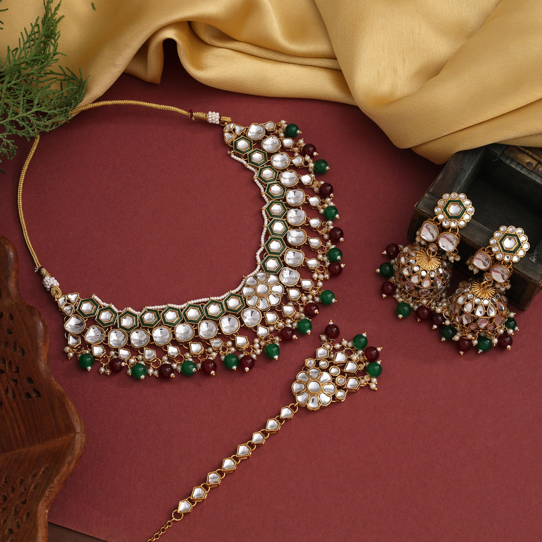 White Color Graceful Meena Work Kundan Necklace Set
