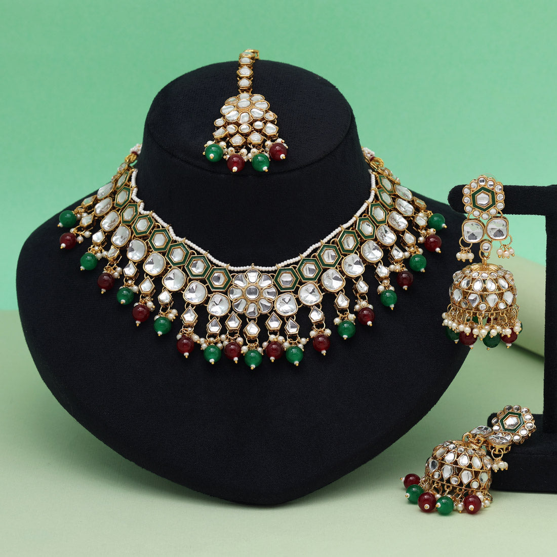 White Color Graceful Meena Work Kundan Necklace Set