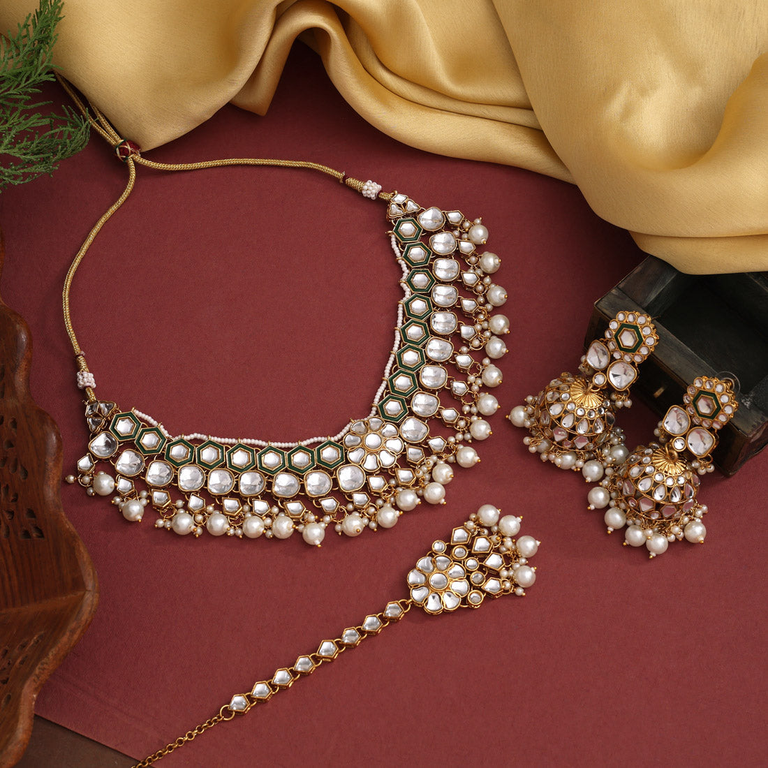 White Color Graceful Meena Work Kundan Necklace Set