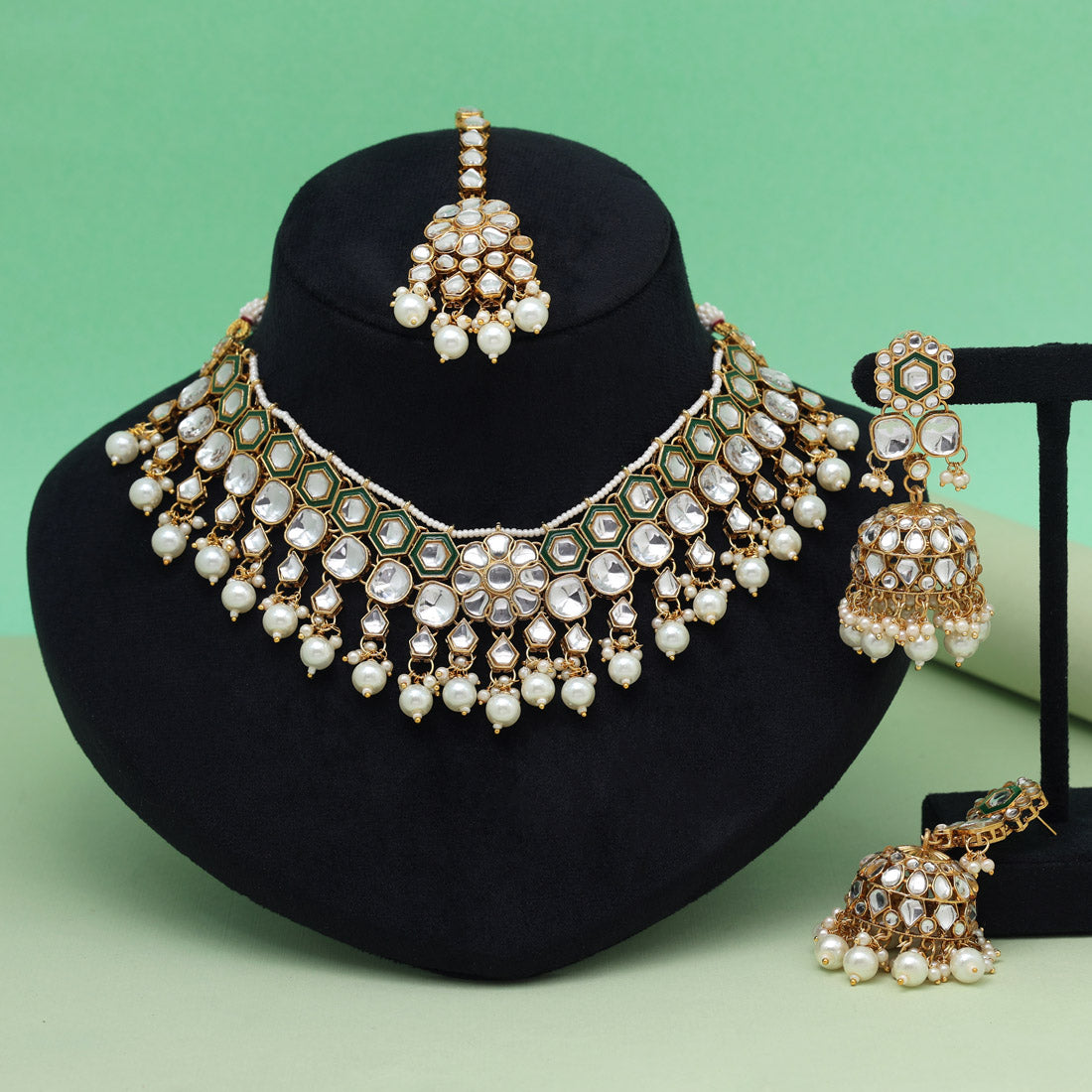 White Color Graceful Meena Work Kundan Necklace Set