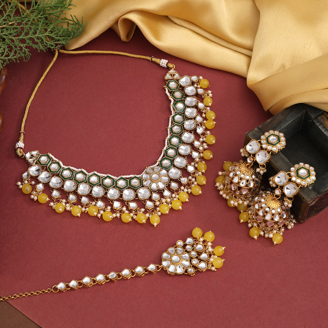 White Color Graceful Meena Work Kundan Necklace Set