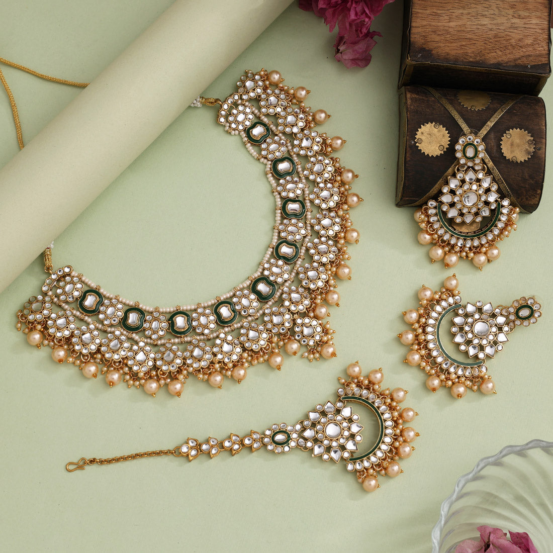 Yellow Color Elegant Meena Work Kundan Necklace Set