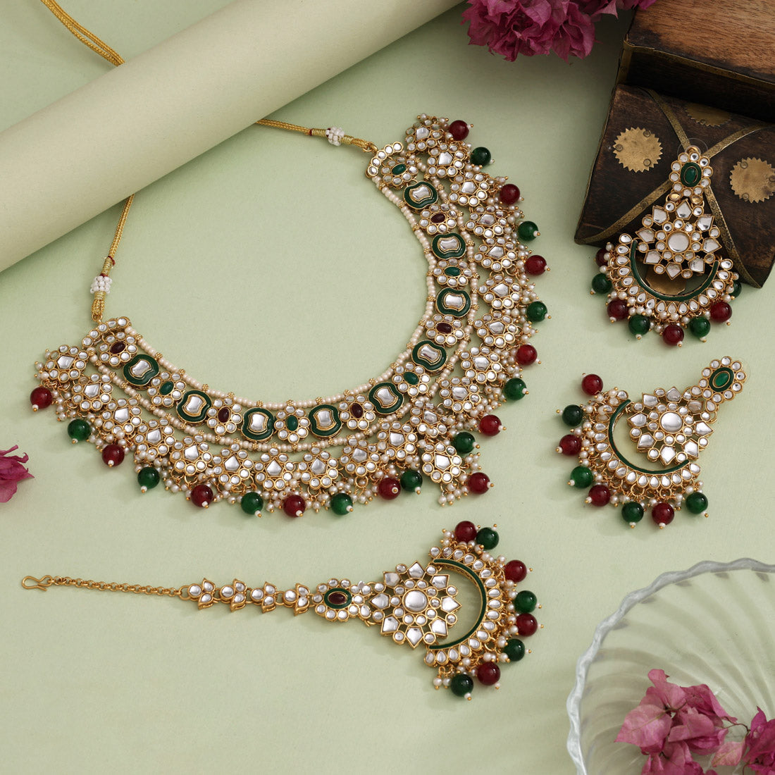 Yellow Color Elegant Meena Work Kundan Necklace Set