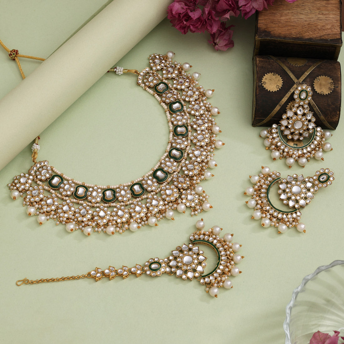 White Color Elegant Meena Work Kundan Necklace Set