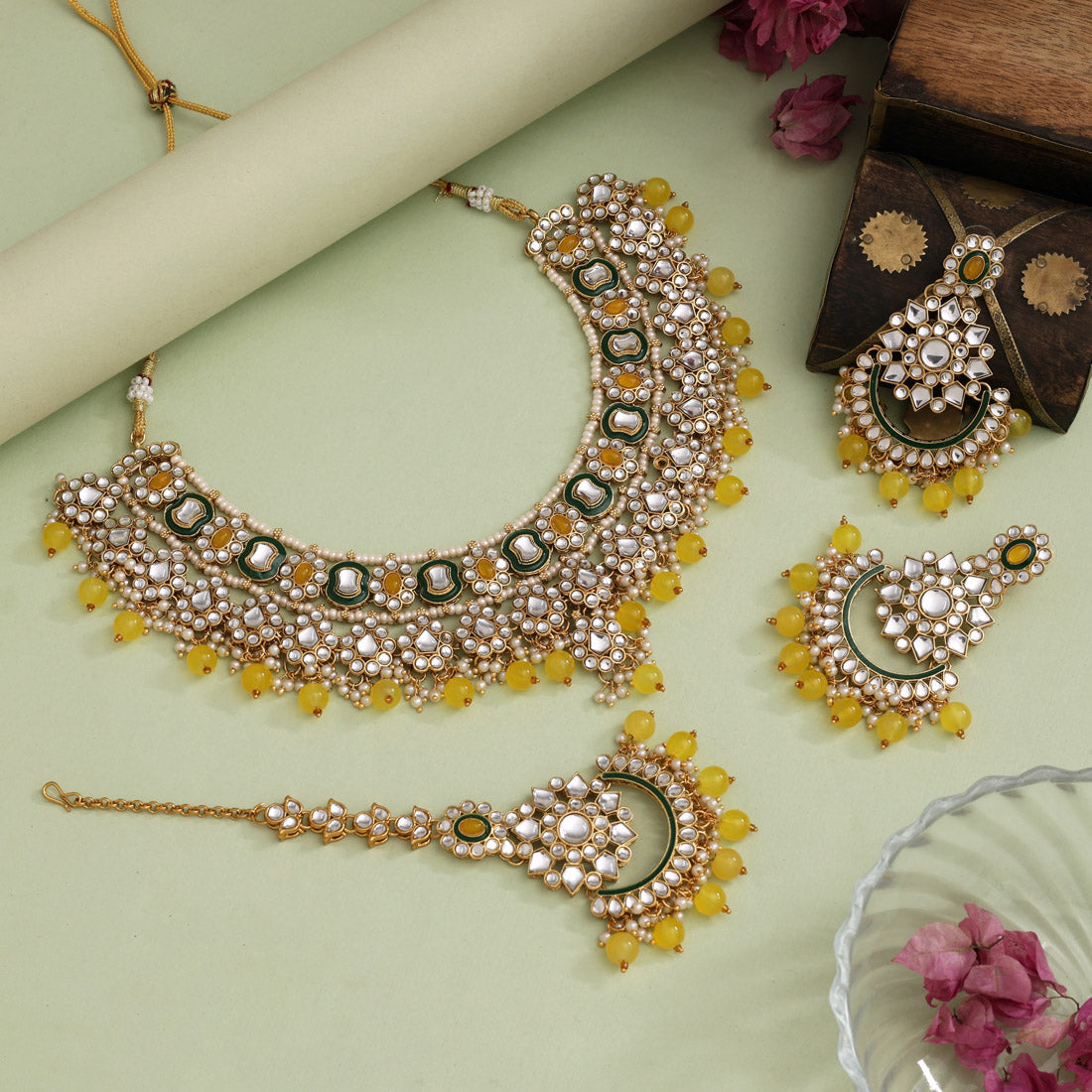 Yellow Color Elegant Meena Work Kundan Necklace Set