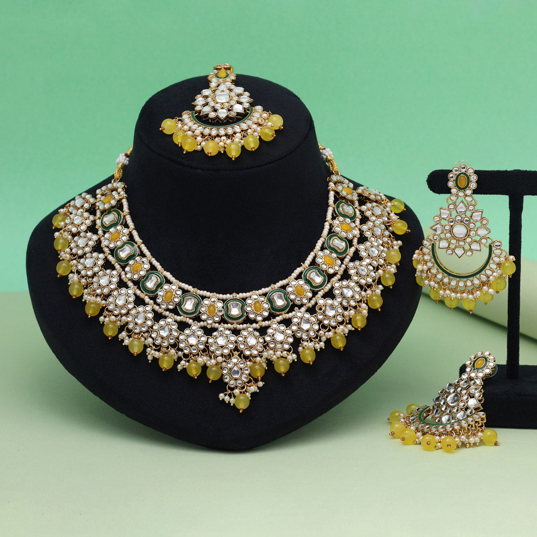 Yellow Color Elegant Meena Work Kundan Necklace Set