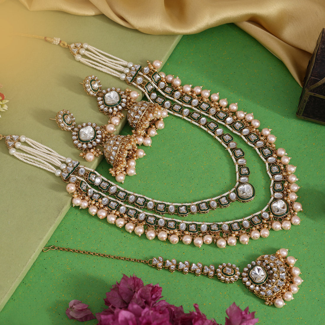 White Color Royal Meena Work Kundan Necklace Set
