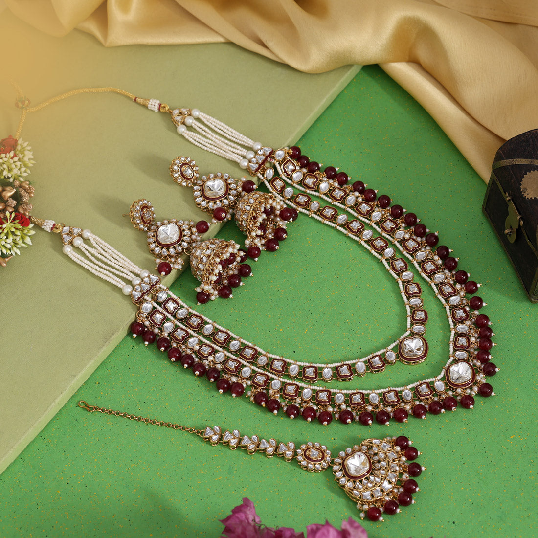 White Color Royal Meena Work Kundan Necklace Set