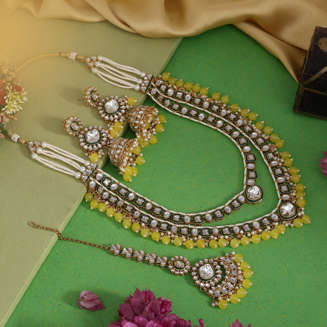 White Color Royal Meena Work Kundan Necklace Set