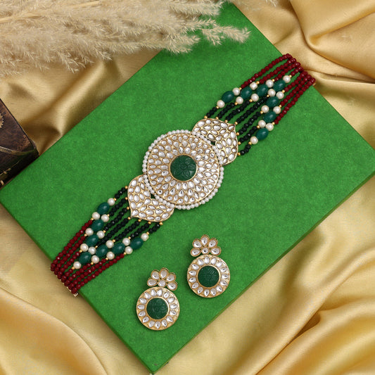 Green Color Beautiful Kundan & Carving Stone Choker Necklace Of Jaipur (KN1463GRN)