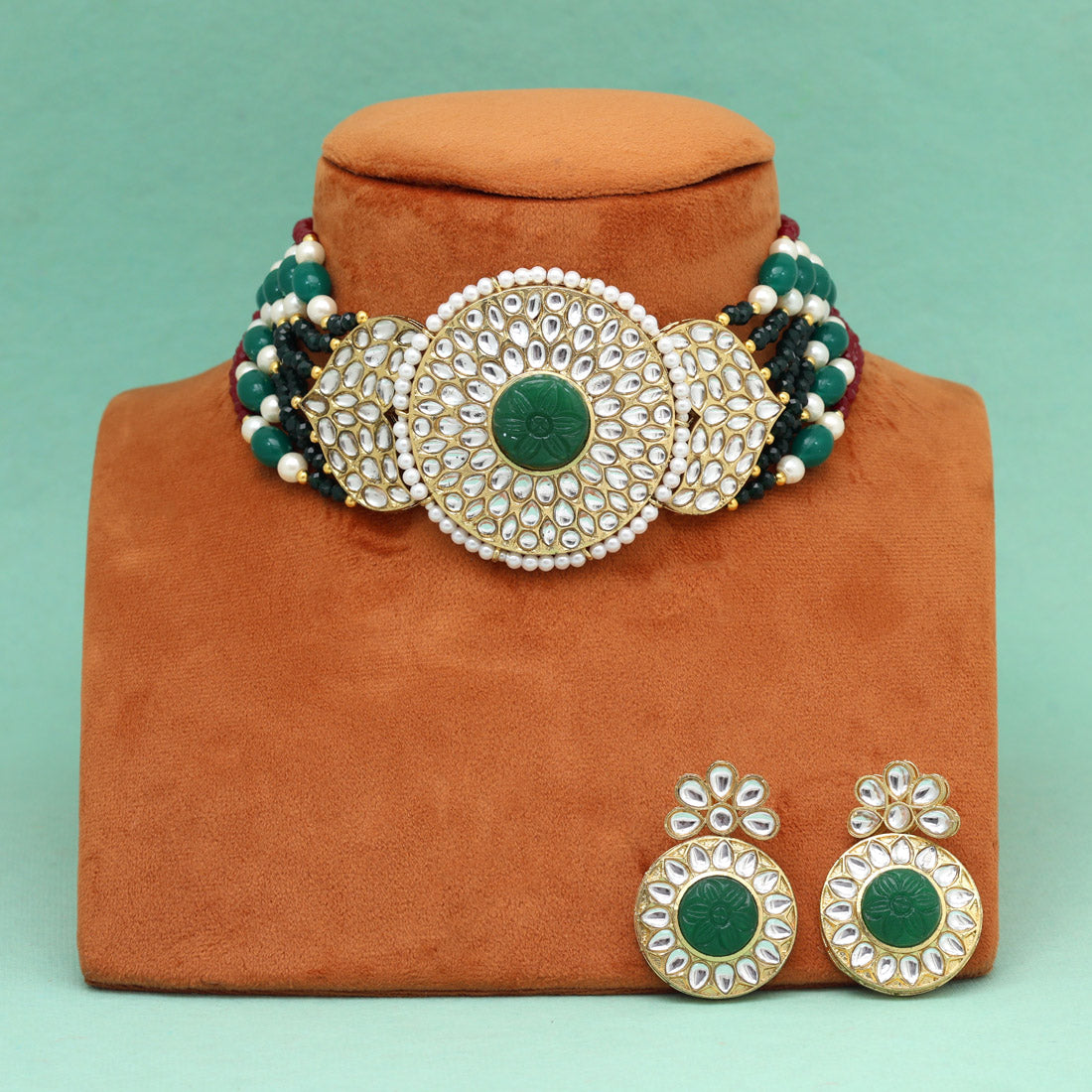 Green Color Beautiful Kundan & Carving Stone Choker Necklace Of Jaipur (KN1463GRN)