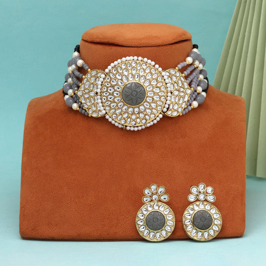 Grey Color Beautiful Kundan & Carving Stone Choker Necklace Of Jaipur (KN1463GRY)