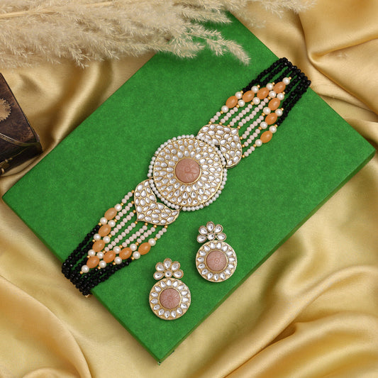 Peach Color Beautiful Kundan & Carving Stone Choker Necklace Of Jaipur (KN1463PCH)