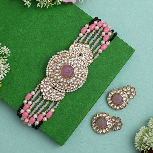 Pink Color Beautiful Kundan & Carving Stone Choker Necklace Of Jaipur (KN1463PNK)