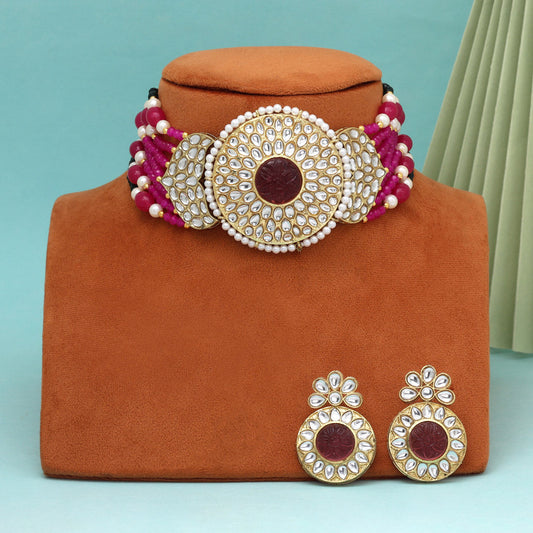 Rani Color Beautiful Kundan & Carving Stone Choker Necklace Of Jaipur (KN1463RNI)