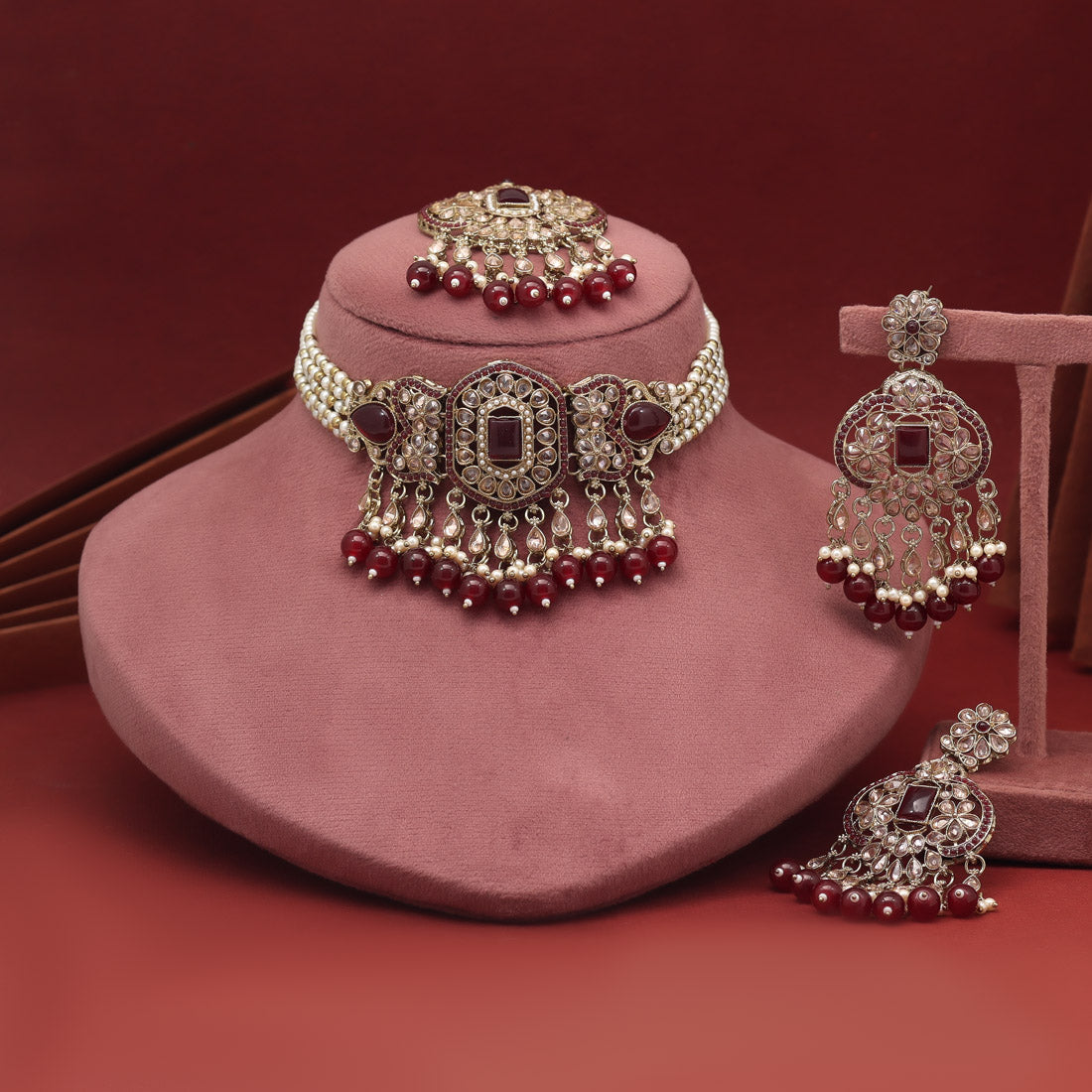 Maroon Color Choker Kundan Necklace Set (KN1464MRN)