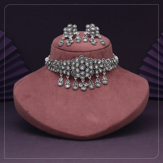 Silver Color Choker Oxidised Kundan Necklace Set