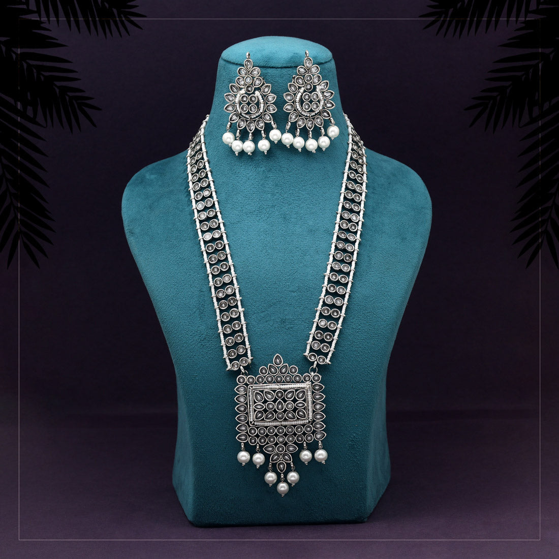 Silver Color Long Oxidised Kundan Necklace Set