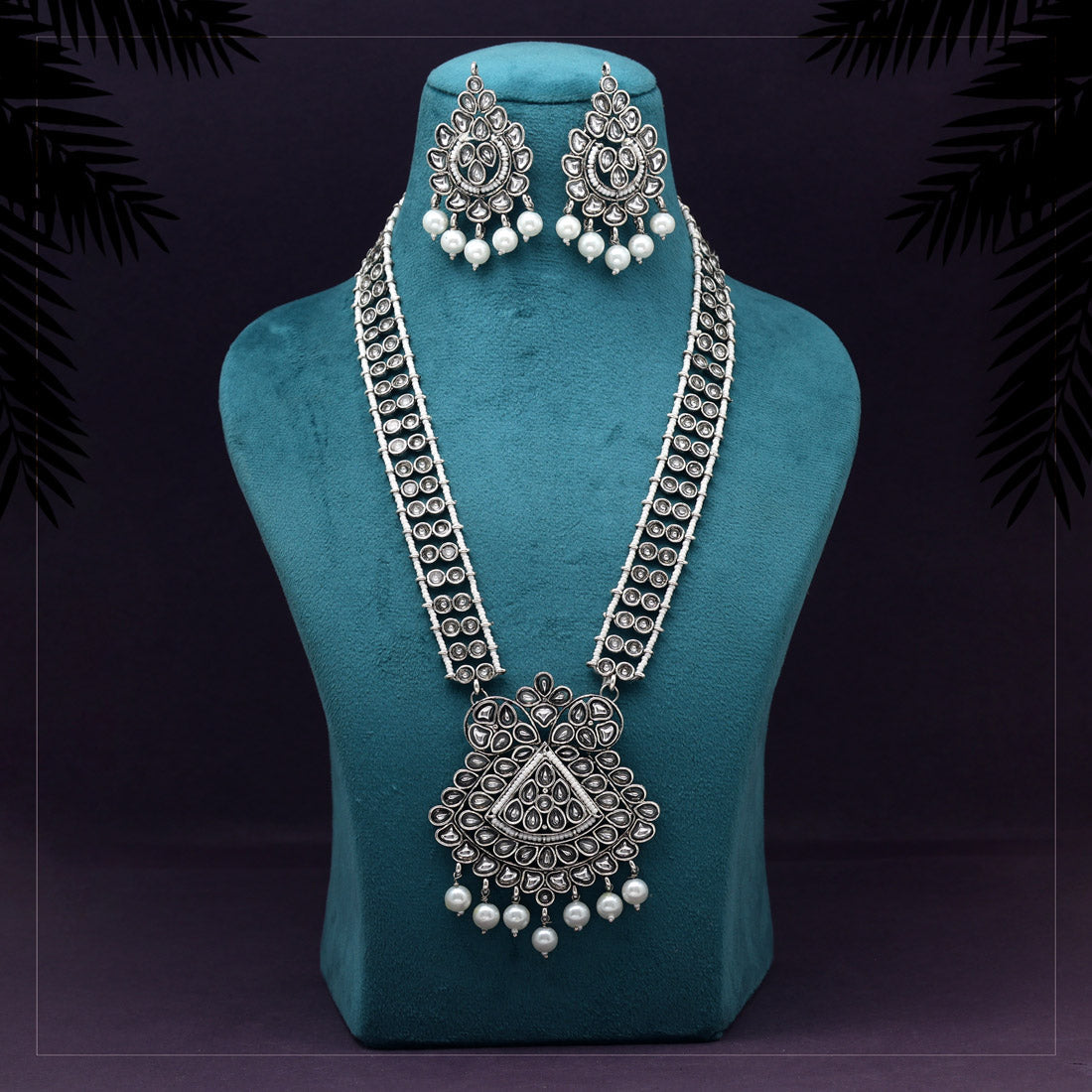 Silver Color Long Oxidised Kundan Necklace Set